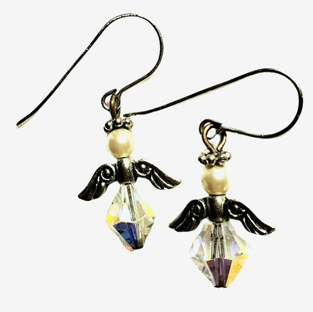 Antique Silver & White Faux Pearl Angel Earrings Dangling Pierced Wire Hooks